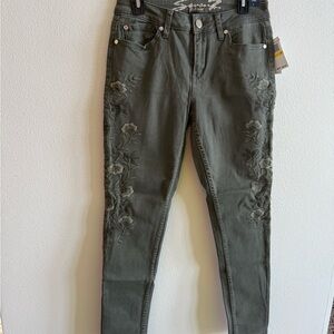 Seven7 Olive Green Embroidered Skinny Jeans